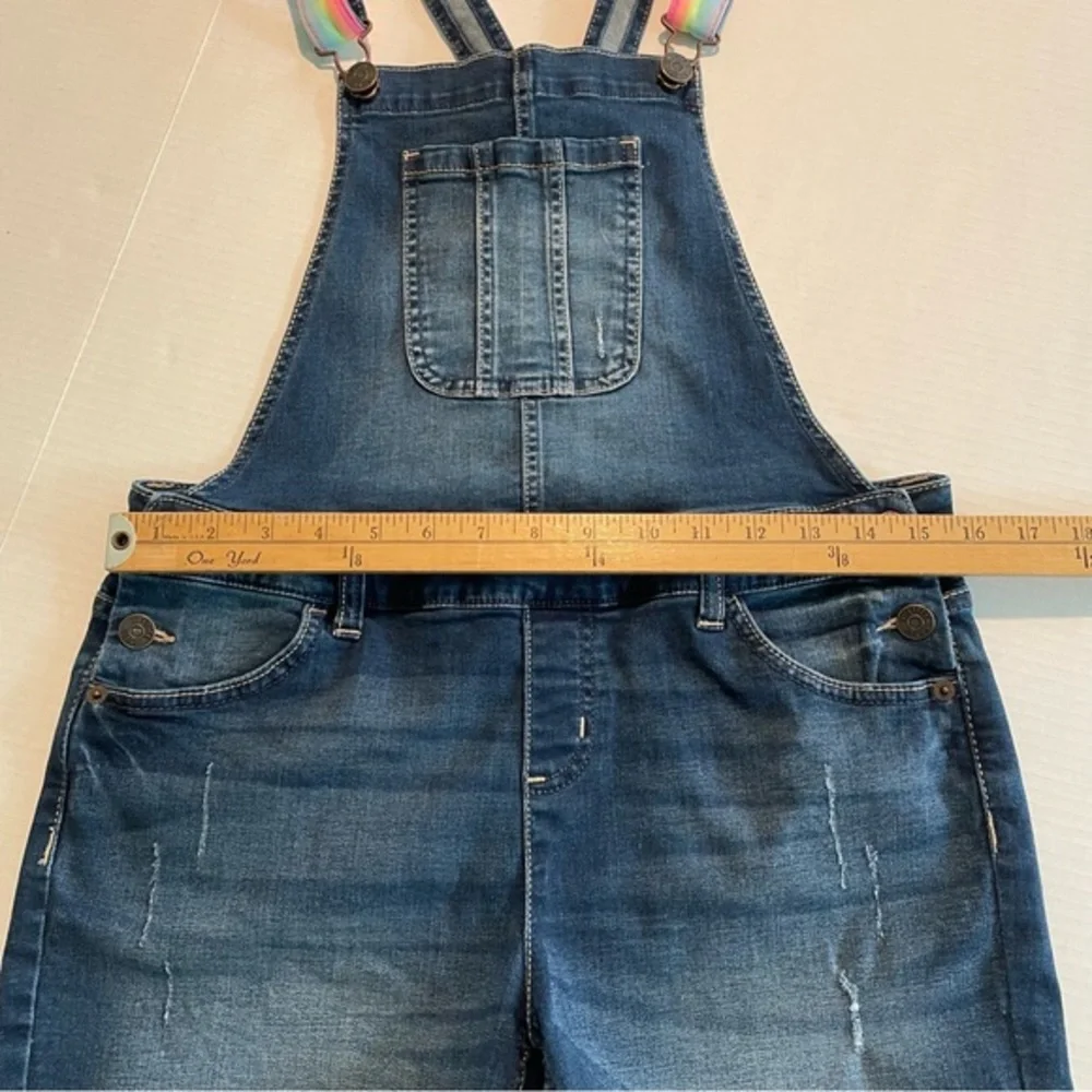 Justice Blue Denim Shortalls Multicolor straps Big Girl Size 18/ Fit Women’s S/M
